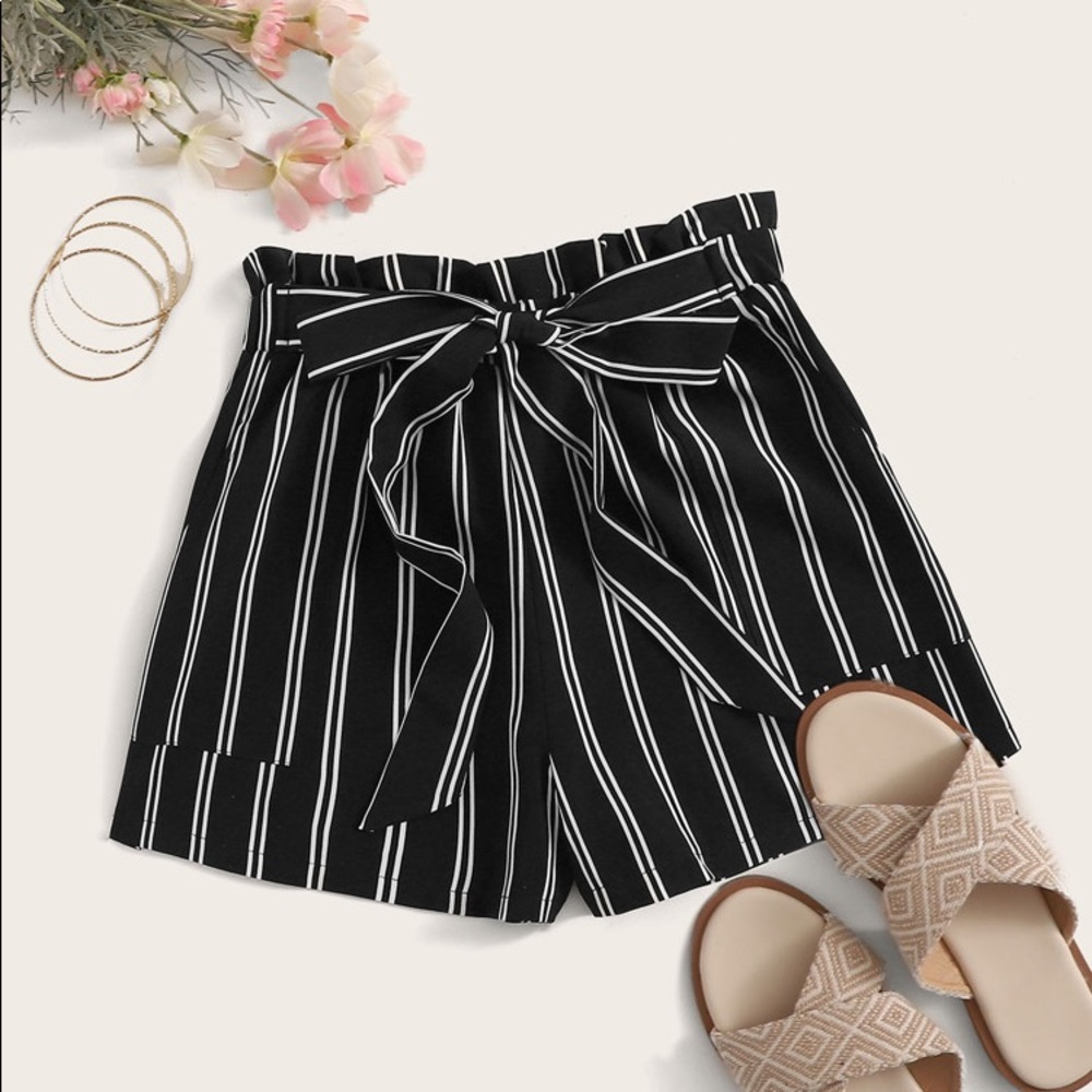 Shein black and white striped paperbag shorts